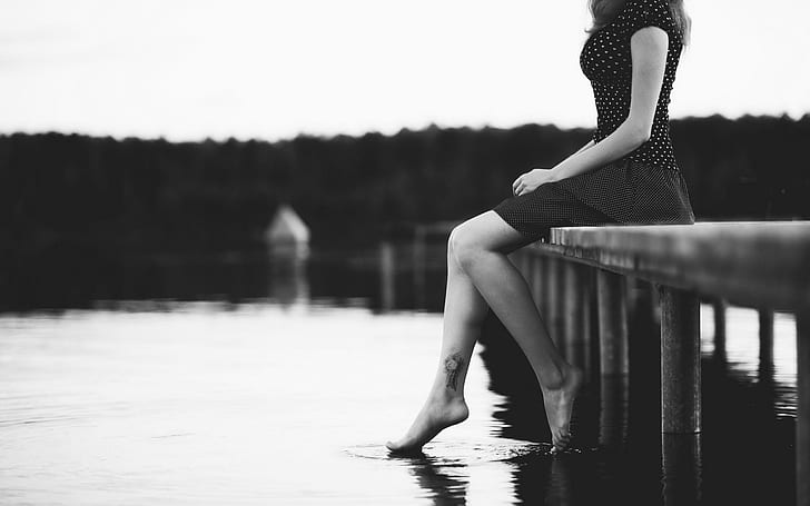 Mood, girl, beautiful, beautiful legs, river, lake, beautiful black and white mood