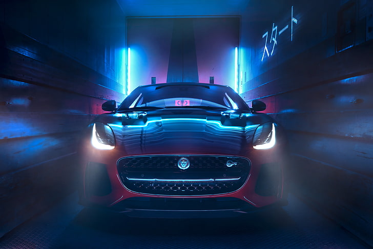 Jaguar F-Type, car, red cars, neon lights, luxury cars, illuminated