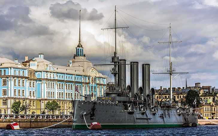 steam battle ship painting, clouds, water, Aurora, St. Petersburg