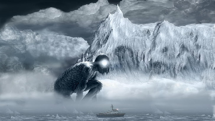monster wallpaper, digital art, mountains, clouds, ship, creature