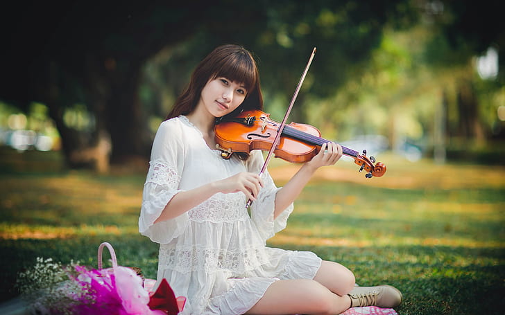Asian girl, white dress, violin, HD wallpaper