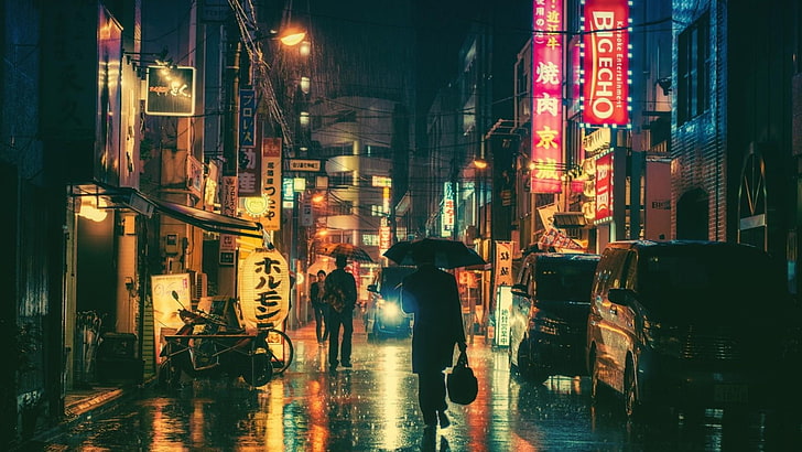 china, night, rain, street, city