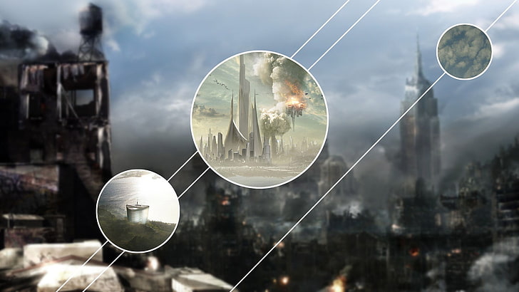 gray tower illustration, polyscape, fantasy art, city, explosion, HD wallpaper