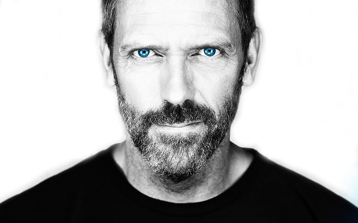 man's grayscale portrait photo, Hugh Laurie, Gregory House, beard