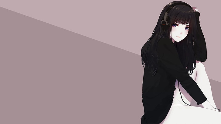 black-haired woman wearing headphones wallpaper, anime, artwork