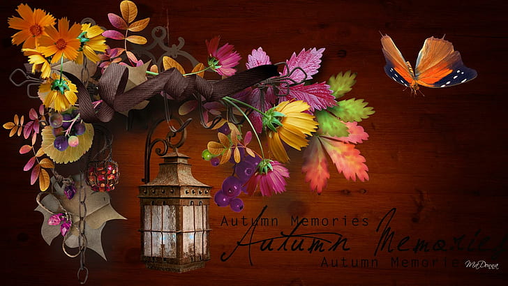 Memories Of Autumn, ribbon, orange, berries, papillon, fall, leaves, HD wallpaper