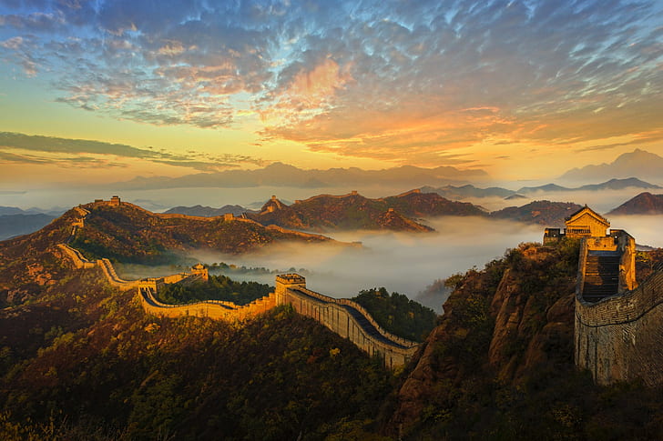 Great Wall of China, mountains, sunrise, architecture, history