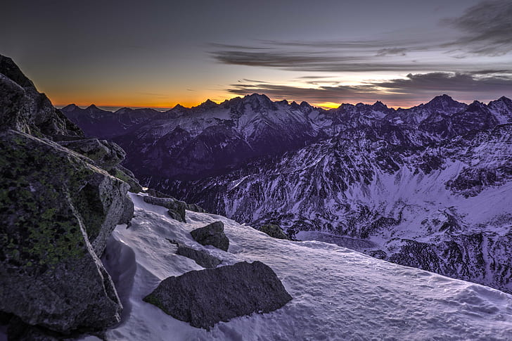 range mountain under gray sky, Tatry, sunrise, snow, winter, zima, HD wallpaper
