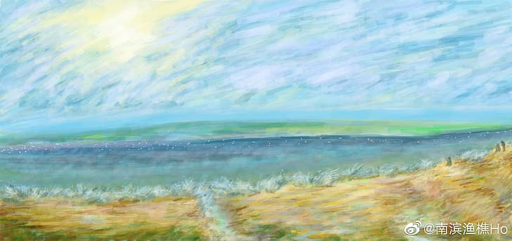 landscape, river, sky, spring, modern impressionism, digital painting