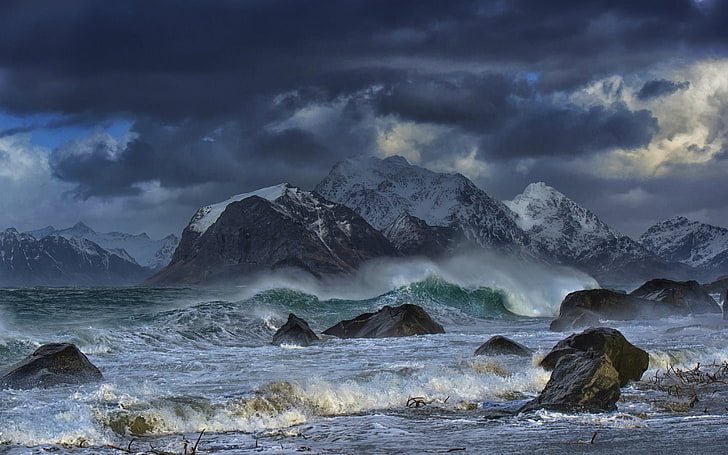 sea wave digital wallpaper, nature, landscape, waves, mountains