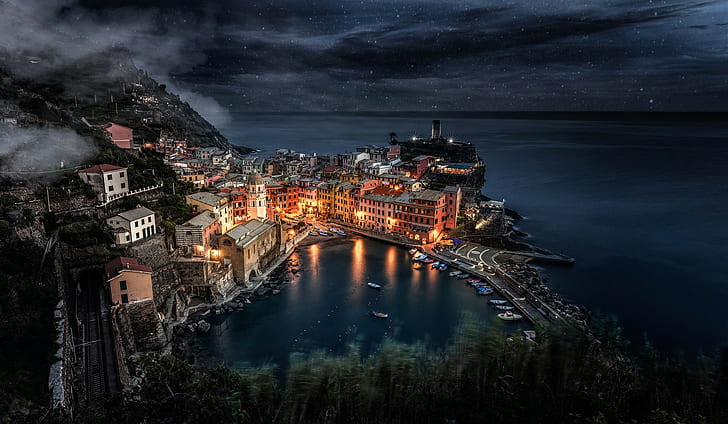 Liguria, Italy, Manarola, city, Sea, rocks, houses, boats, Night