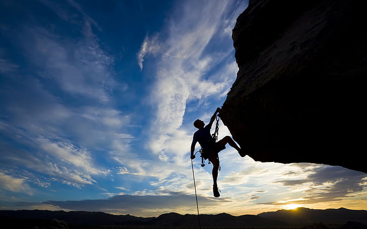 climber, extreme backgrounds, silhouette, climbing, Rock, difficulties sunset, HD wallpaper