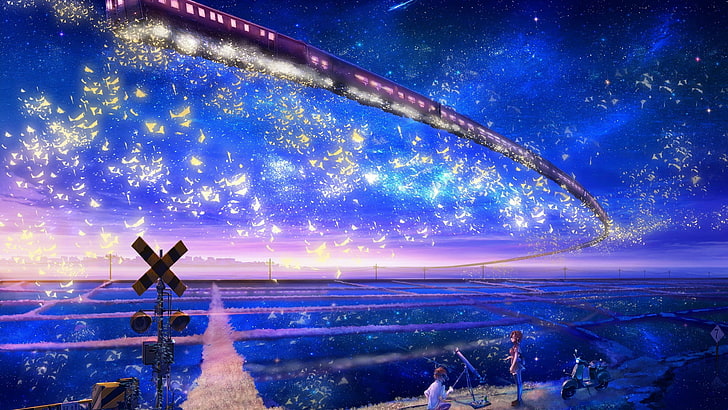 anime, magic, sky, night, one person, nature, star - space