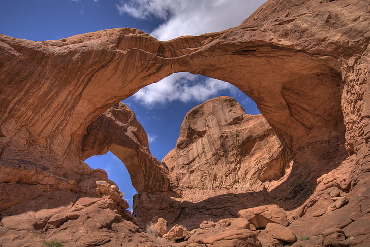 brown rock formation under the sky, DoubleArch, Arches, HDR, Double Arch