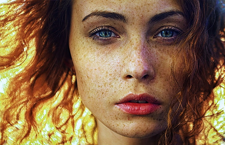 portrait, face, freckles, blue eyes, women, model, looking at viewer