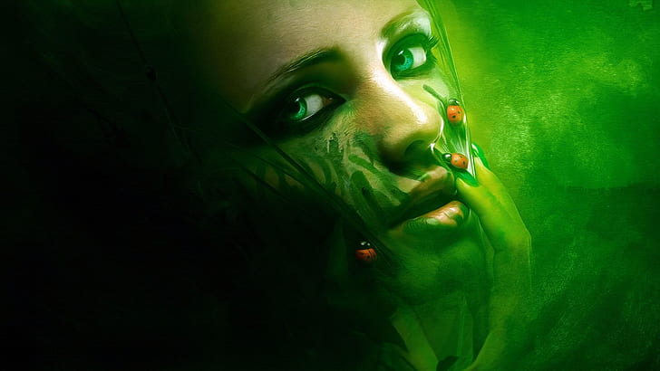 women, ladybugs, green eyes, photography, face, green background, HD wallpaper