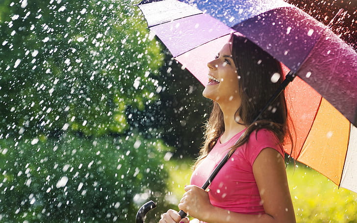 Smile joy girl, umbrella, rain, summer