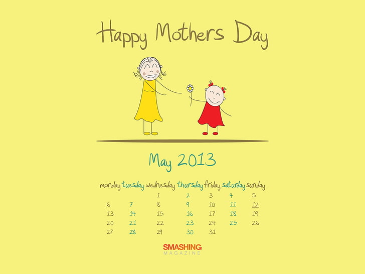Mothers Day-2013 calendar desktop wallpapers, yellow background with text overlay