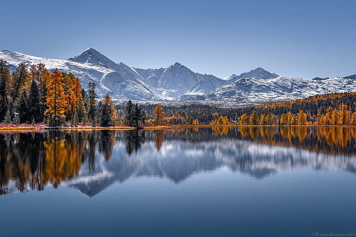 autumn, forest, trees, mountains, lake, reflection, Russia, HD wallpaper