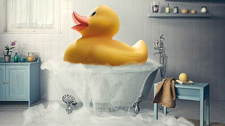 yellow duck toy, artwork, rubber ducks, bathroom, bathtub, domestic room, HD wallpaper