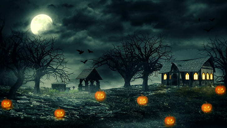 HD wallpaper: halloween, night, bat, castle, moon, sky, purple, haunted ...