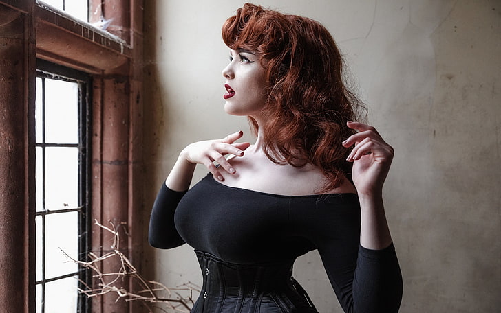 redhead, women, model, window, corset, one person, beautiful woman, HD wallpaper
