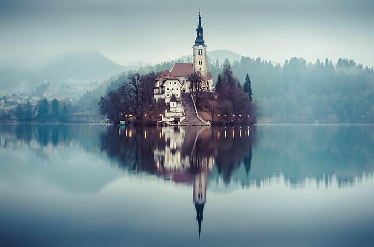lake, church, mist, reflection, landscape, building exterior