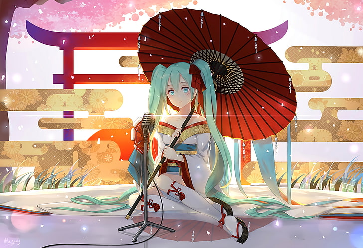 Hatsune Miku with red umbrella, anime, anime girls, Vocaloid, HD wallpaper