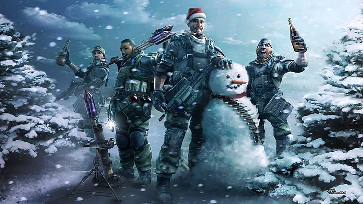 four soldiers with snowman illustration, Christmas, army gear