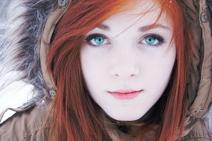 red and maroon haired female, face, winter, redhead, blue eyes, HD wallpaper