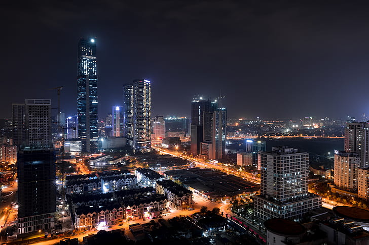 city, Hanoi, skyline, night, lights, skyscraper, road, Vietnam