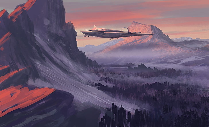 gray plane over the mountain painting, spaceship, landscape, sunset