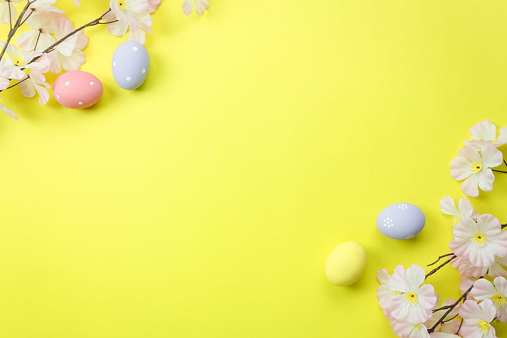flowers, background, eggs, spring, Easter, blossom, decoration, HD wallpaper