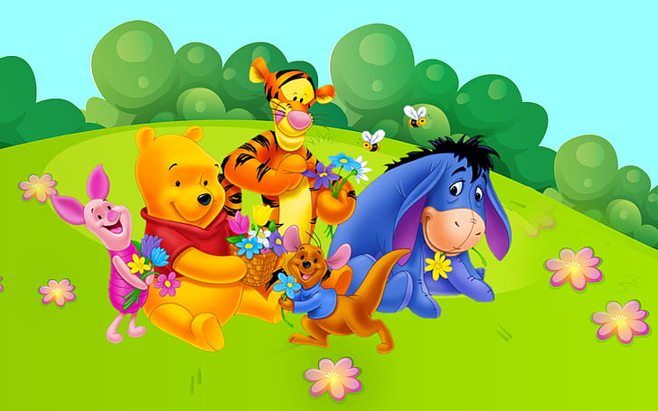 Winnie The Pooh Tigger Kangaroo Roo Piglet Eeyore Gray Donkey Meadow With Spring Flowers Desktop Hd Wallpaper 2560×1600