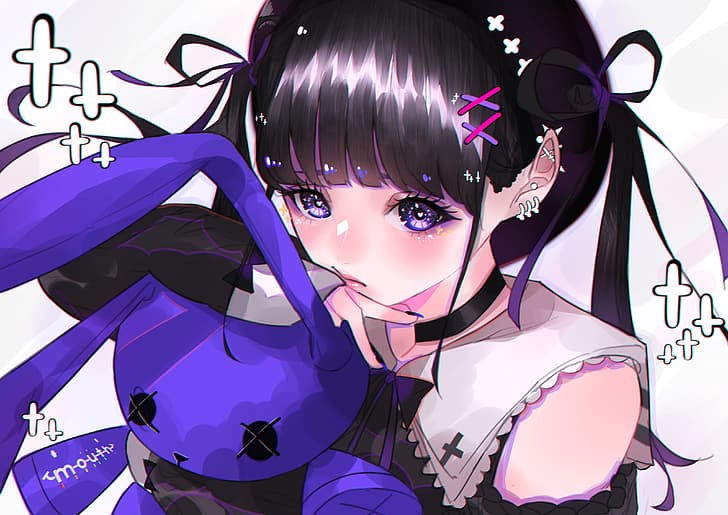 anime, anime girls, maid outfit, purple eyes, black hair, piercing, HD wallpaper