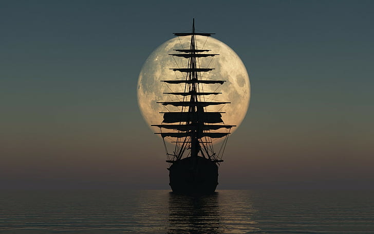 ship, Moon, horizon, sailing ship, sea, vehicle, sky, night