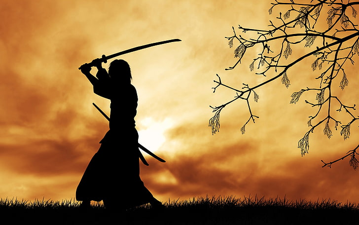 silhouette of samurai digital wallpaper, Japanese clothes, katana, HD wallpaper