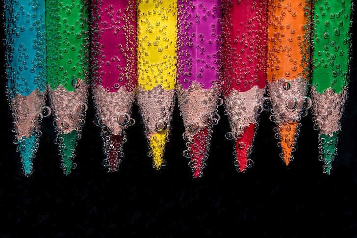 assorted-color marker lot, color pencils, bubbles, close-up, multi Colored, HD wallpaper