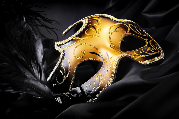 gold colombina mask, black, feathers, silk, sequins, venice - Italy