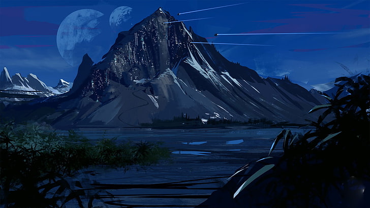 brown mountain illustration, artwork, mountains, night, sky, cold temperature, HD wallpaper