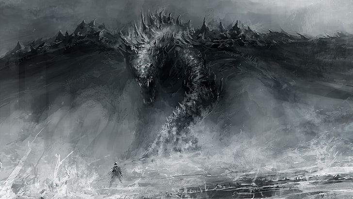 sea dragon illustration, painting of gray and white dragon, monochrome