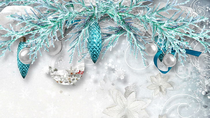 Aqua Frost, decorations, cyan, christmas, cedar, poinsettia, feliz navidad, HD wallpaper