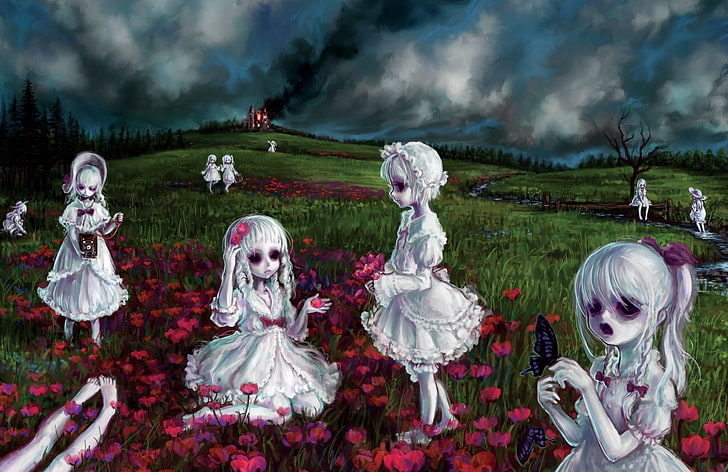 group of girls on flower garden illustration, creepy, evil, death