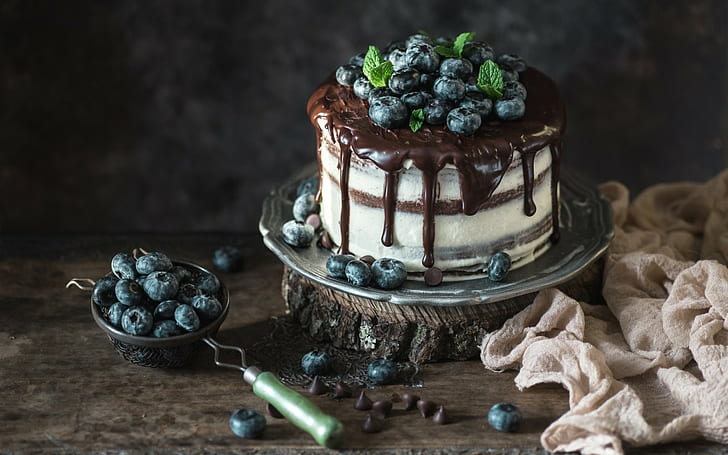 cake, berries, food, chocolate, blueberries