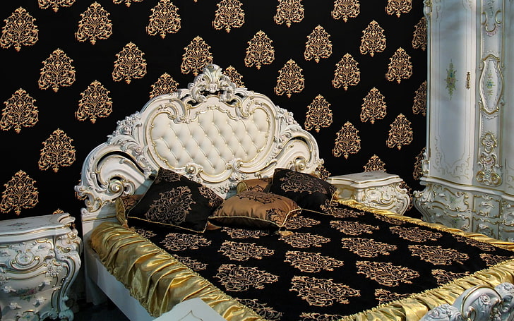 black and brown floral comforter, bed, design, interior design, HD wallpaper