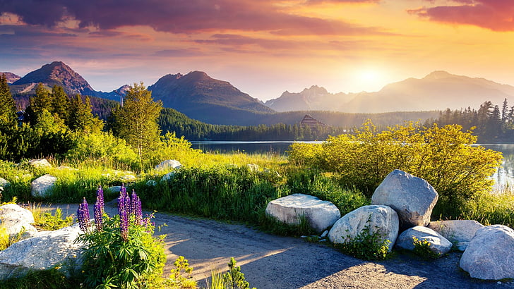 landscape, evening, sunset, mountain lake, high tatras national park, HD wallpaper