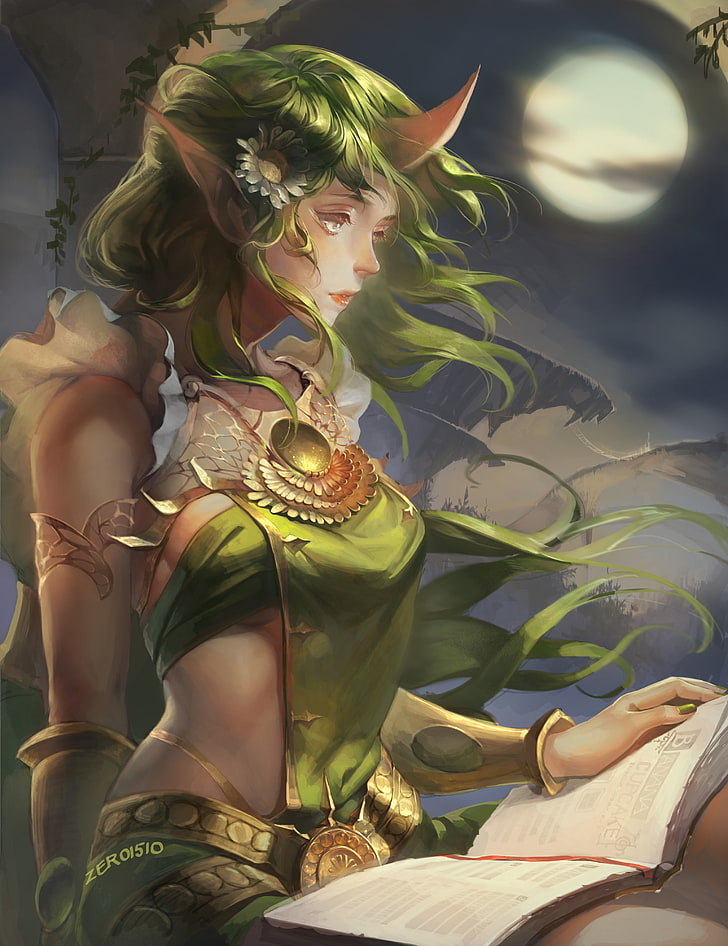 green haired elf reading book illustration, League of Legends, HD wallpaper