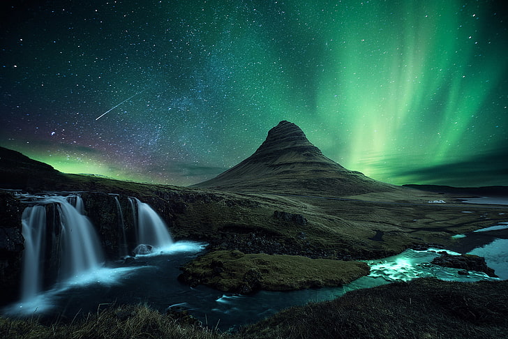 mountain under Aurora wallpaper, stars, snow, night, rocks, waterfall