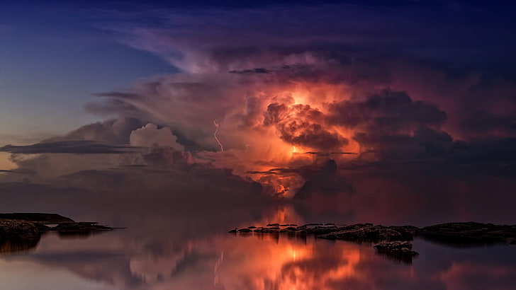 lightning illustration, rock formation on body of water, sky