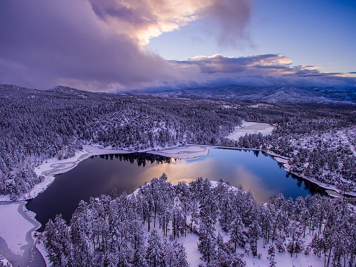 winter, forest, the sky, clouds, trees, lake, panorama, AZ, HD wallpaper